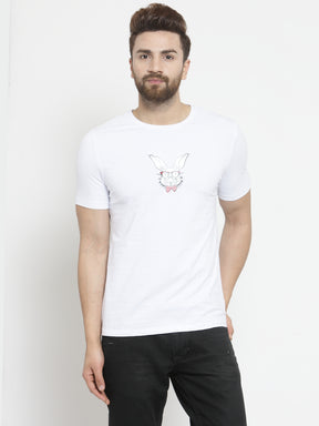 Men Nerd Bunny Animation Printed White T-Shirt