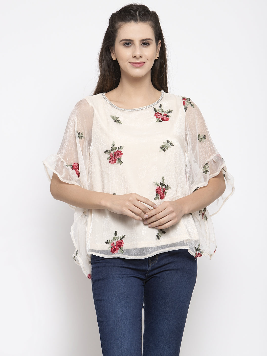 Women White Top With Embroidered Net Layer
