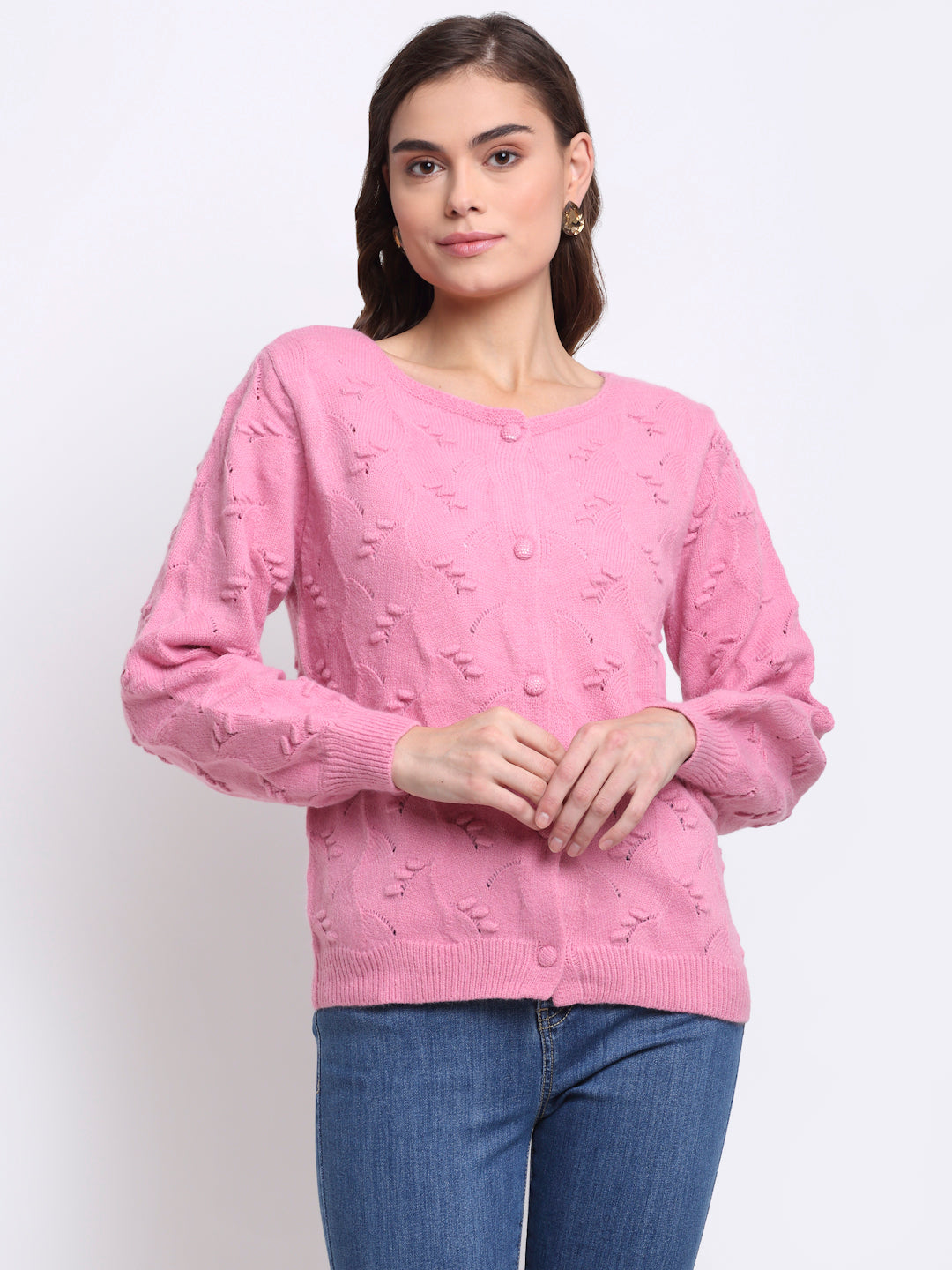 Women Pink Round Neck Solid Knitted Loose Fit Cardigan