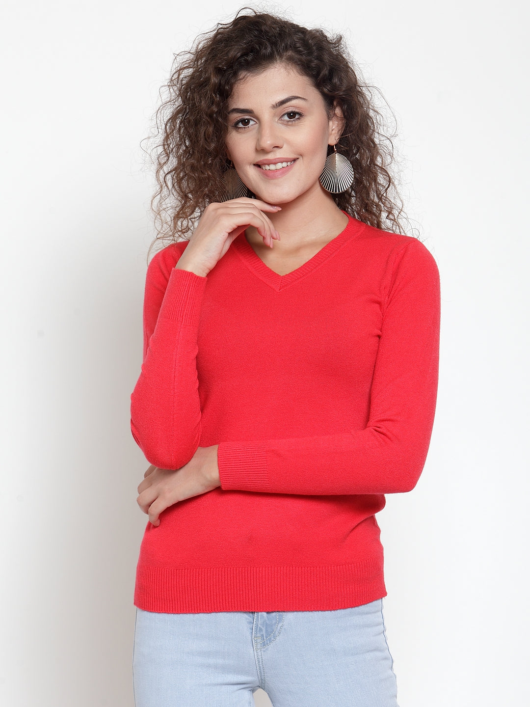 Women Red V-Neck Full Sleeve Skeevi