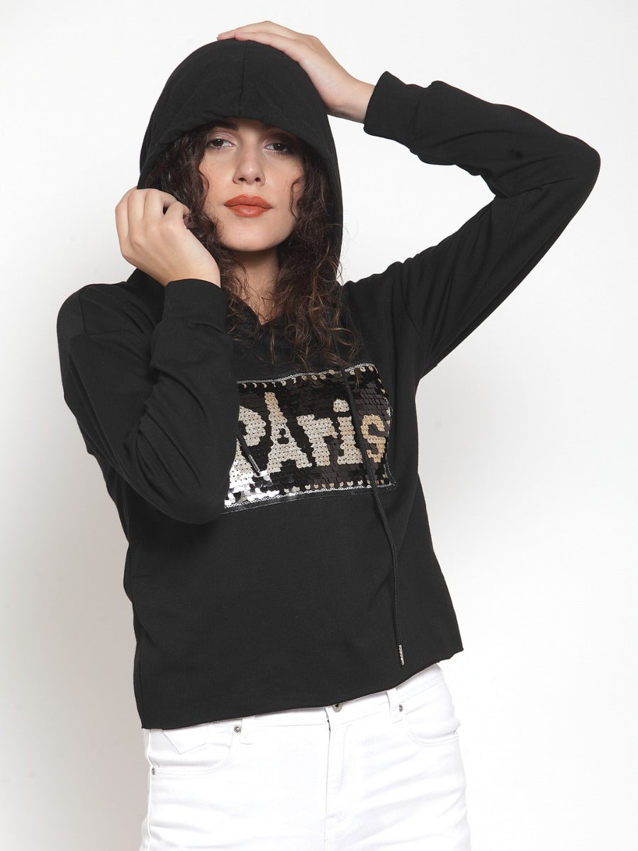 Women Black Crop Sweat Shirt