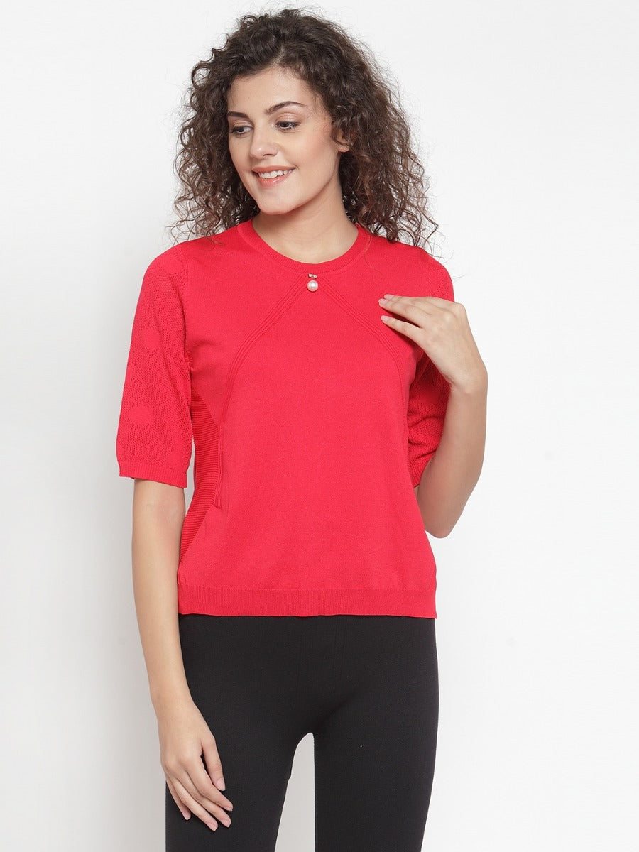 Women Solid Red Round Neck T-Shirt