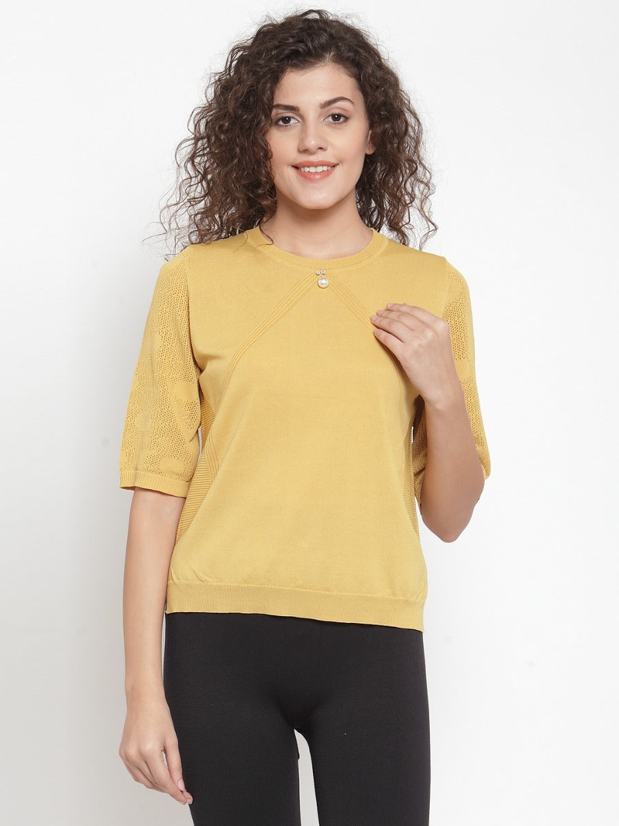 Women Solid Mustard Round Neck T-Shirt