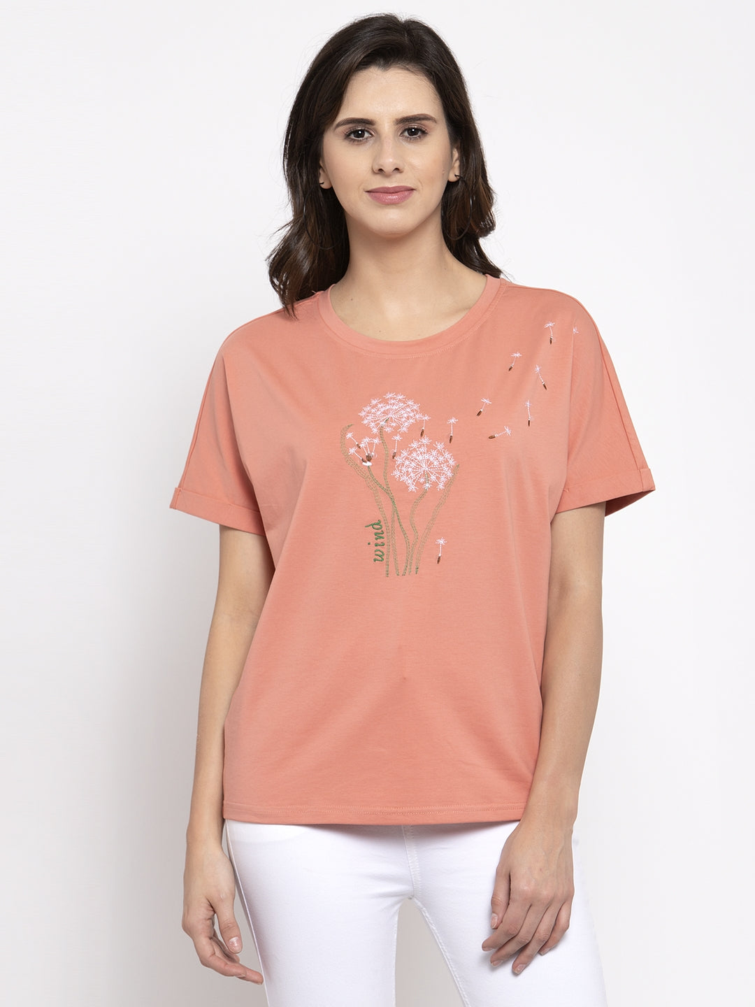 Women Printed Peach Round Neck T-Shirt