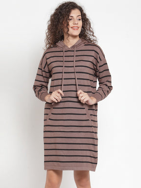 Women Striped Brown Hood Tunic