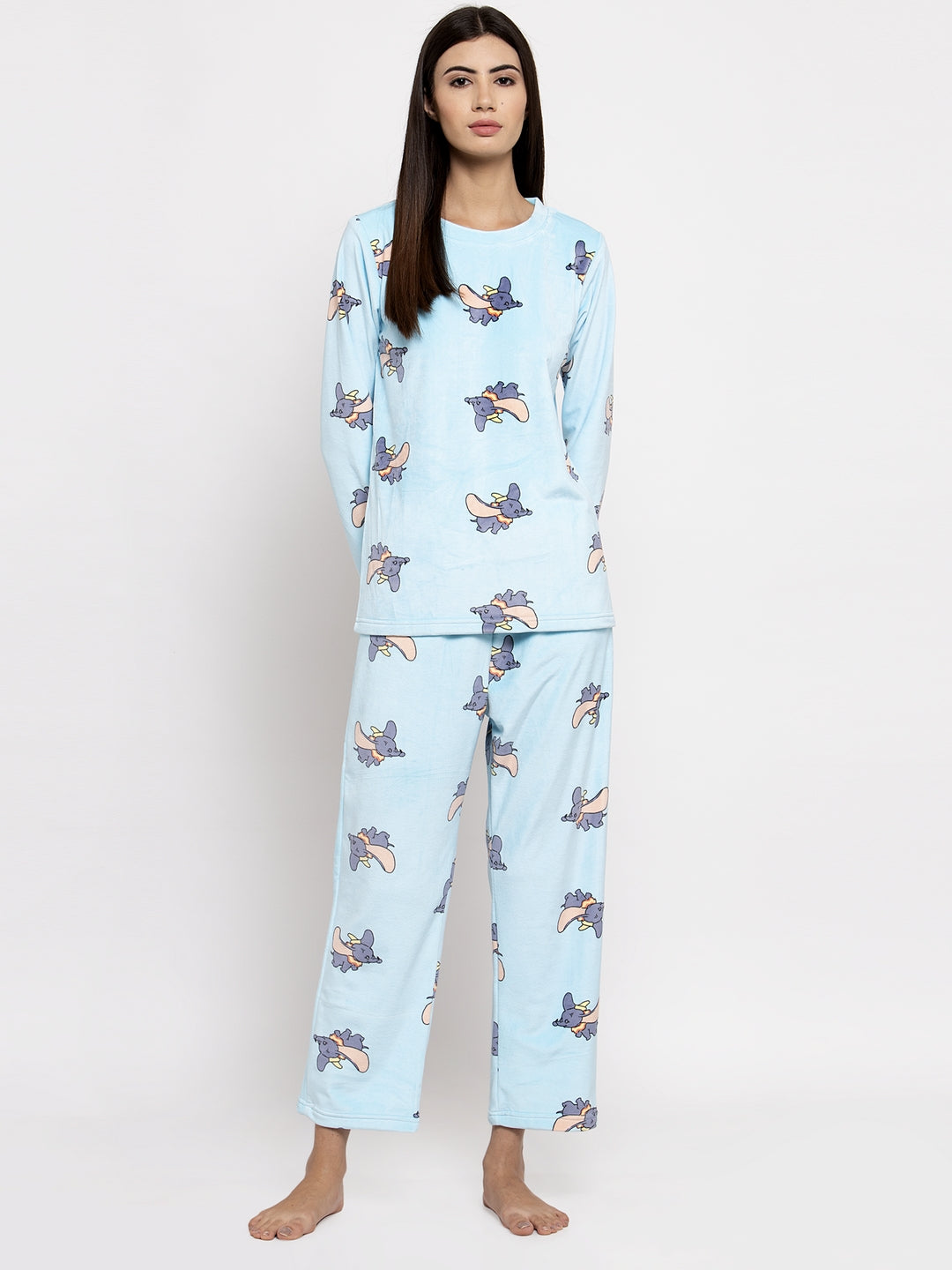 Women Blue Printed Round Neck Night Suit