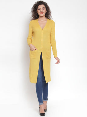 Women Solid Mustard V-Neck Coat