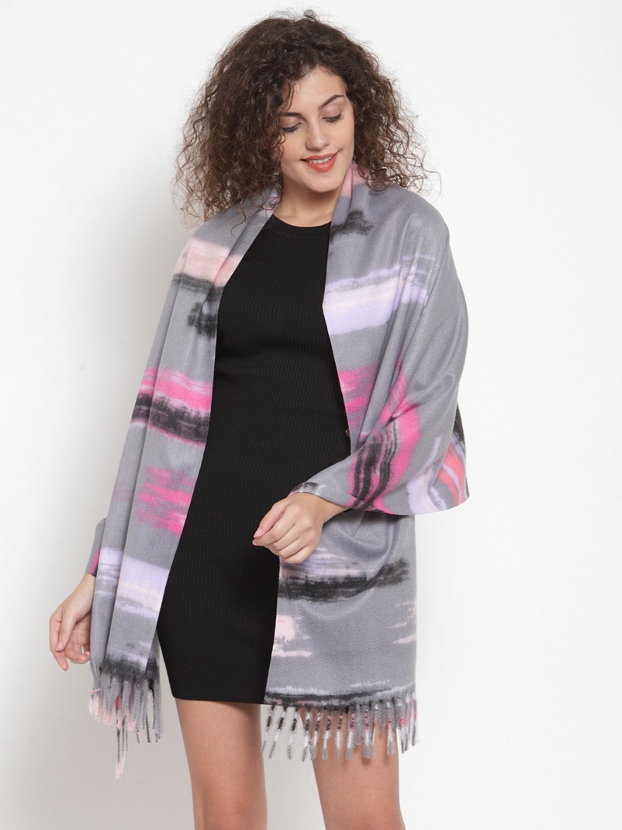 Women Pink And Grey Printed Stole