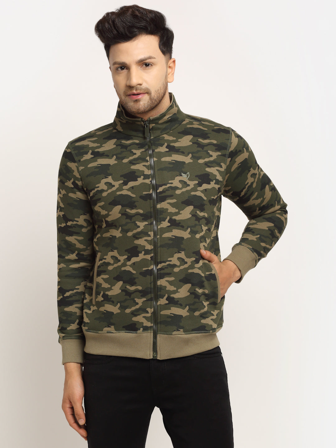 Men Black High Neck Hosiery Camouflage Print Sweatshirt