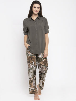 Women Olive Green Shirt Night Suit Set