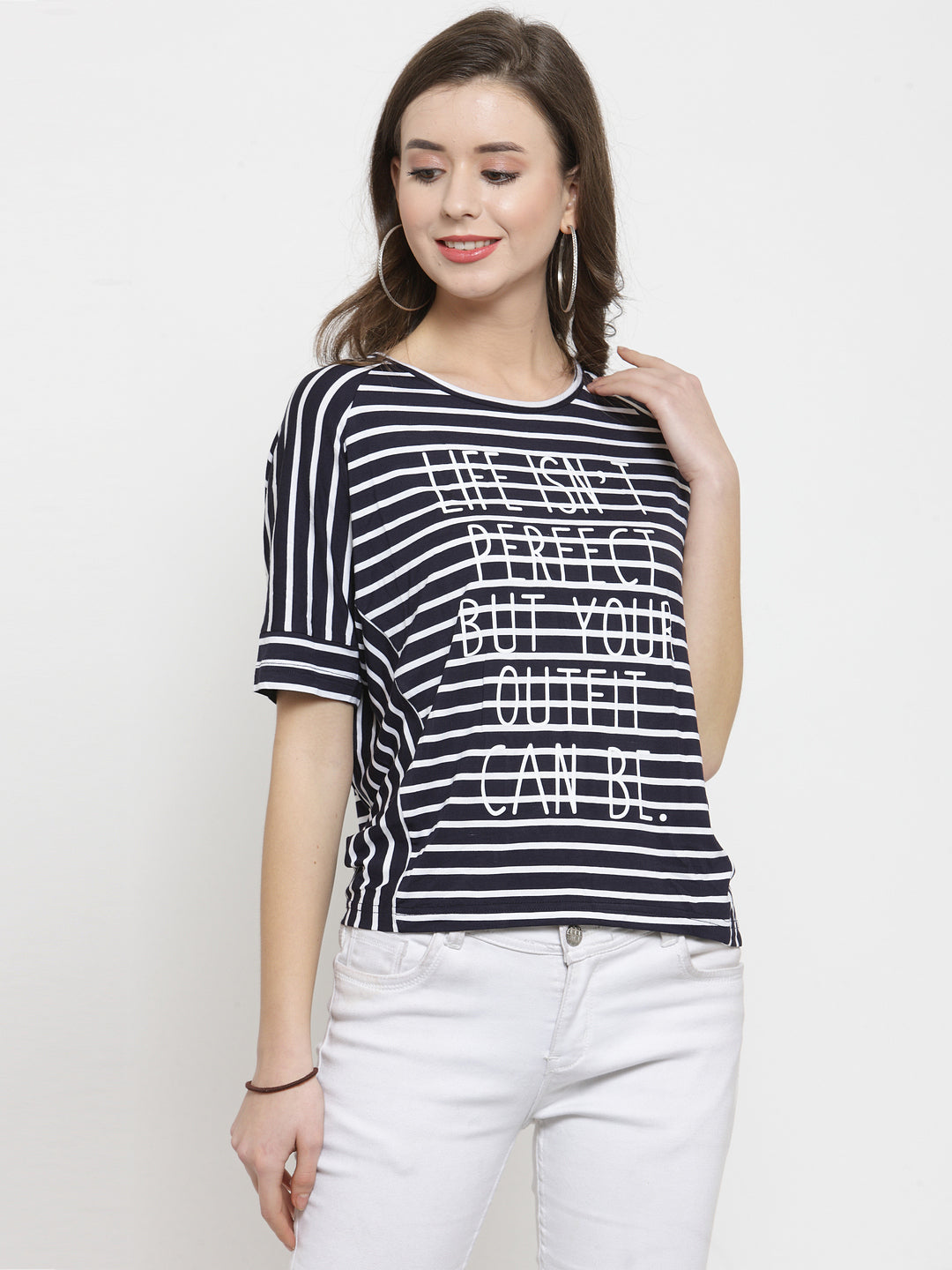 Women Navy Blue Striped Round Neck Regular Fit T-Shirts