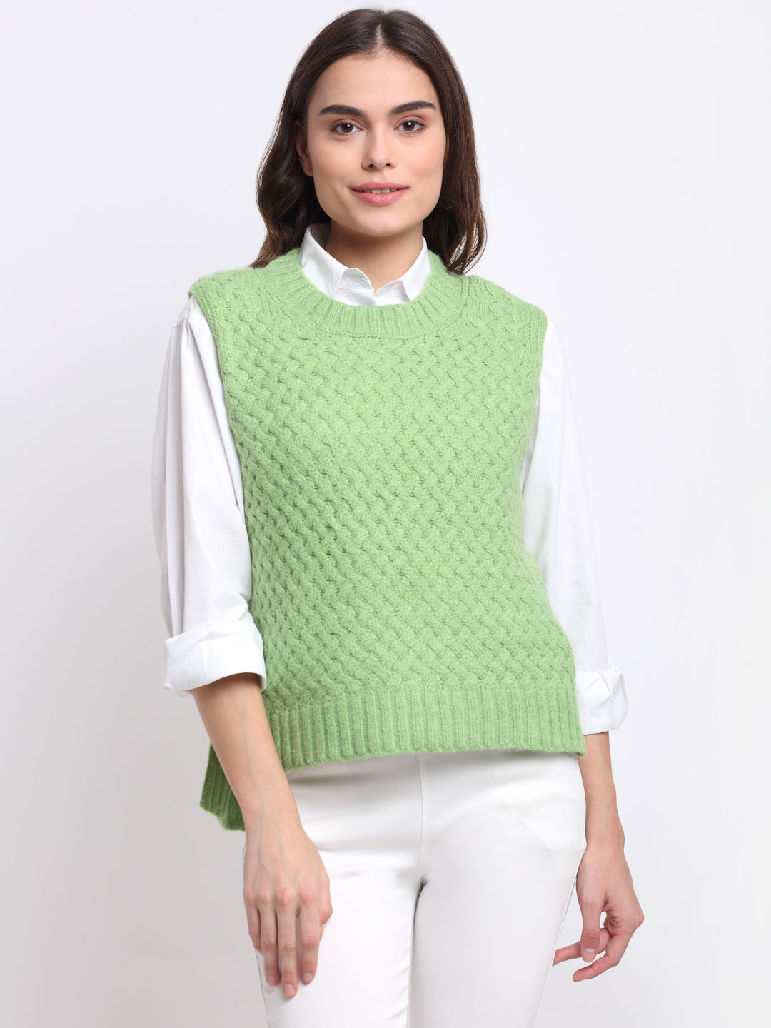 Green Round Neck Sleeveless Knit Pullover M SM2730313