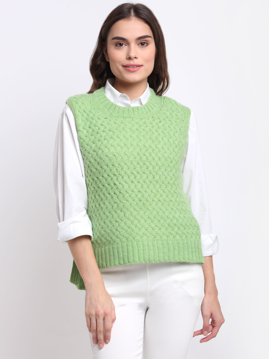 Women Green Round Neck Sleeveless Knit Pullover