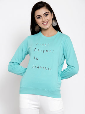 Women Printed Blue Round Neck Sweatshirt
