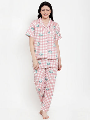 Women Pink Cotton Checked NightSuit