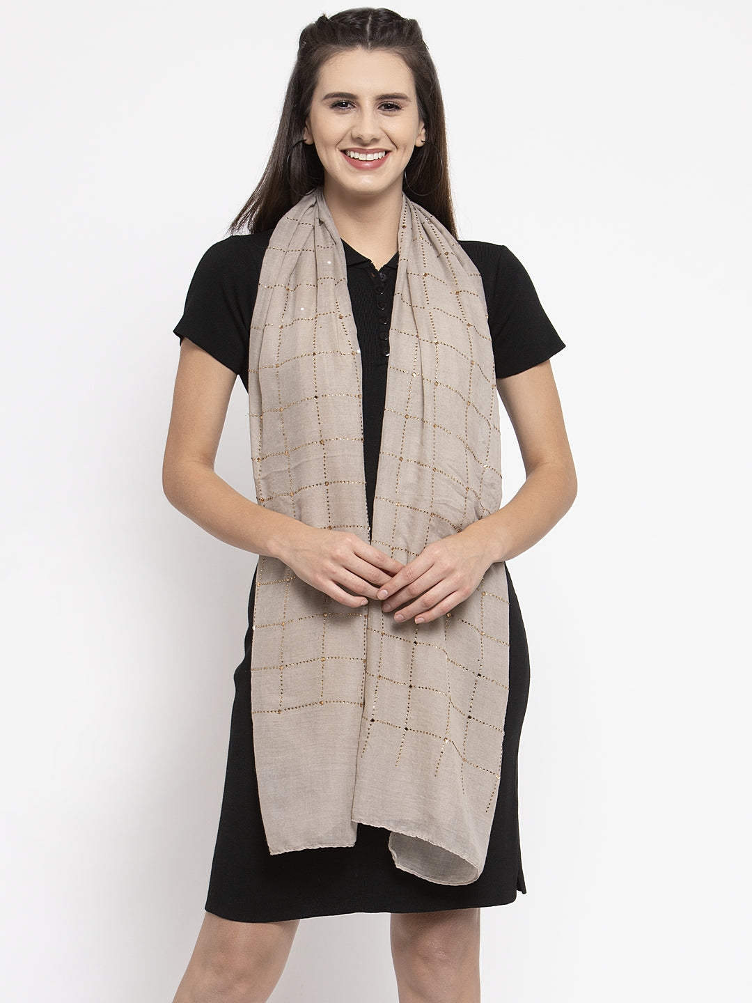 Women Beige Cotton Stole With Checked Beads