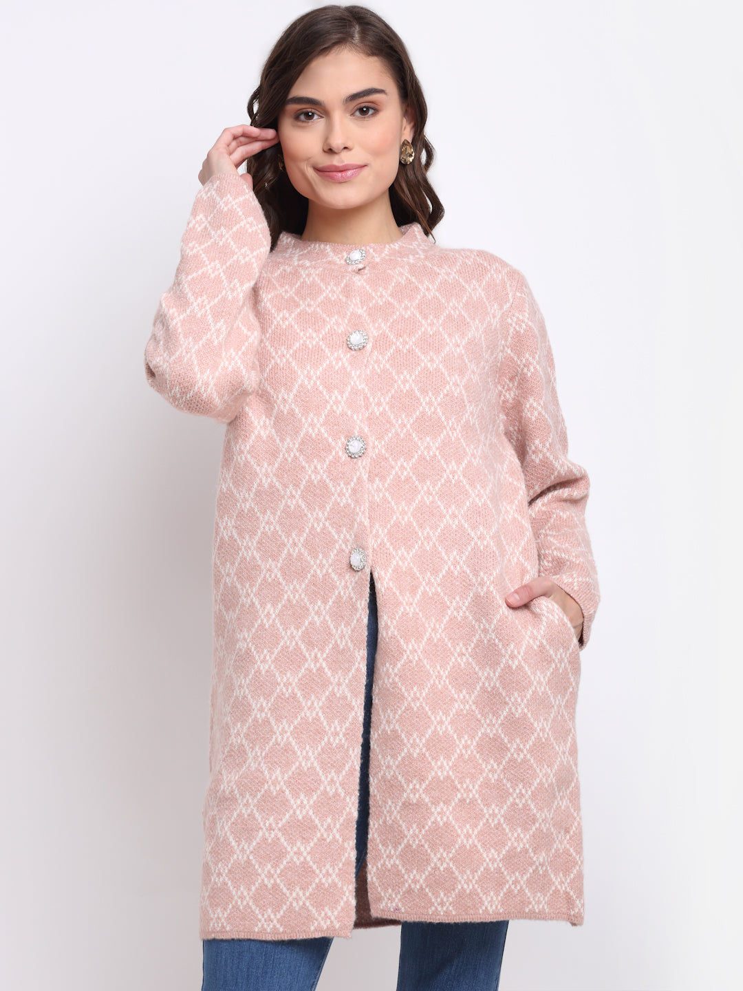 Pink Round Neck Checked KNIT Coat
