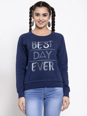 Women Printed Navy Blue Round Neck Sweatshirt