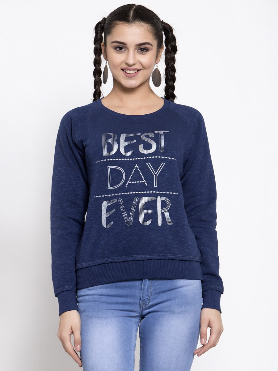 Women Printed Navy Blue Round Neck Sweatshirt