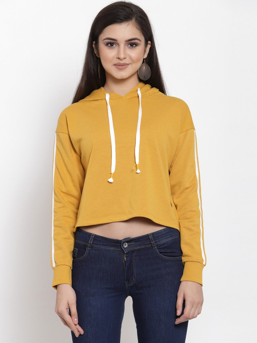 Women Solid Mustard Hood Sweatshirt