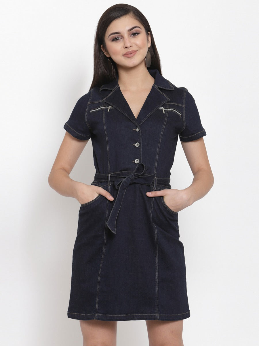 Women Denim Lapel Collar Dress