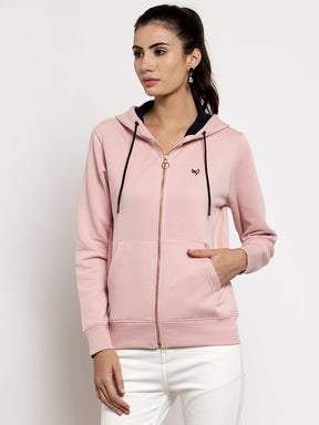 Women Pink Solid Hooded Sweatshirt
