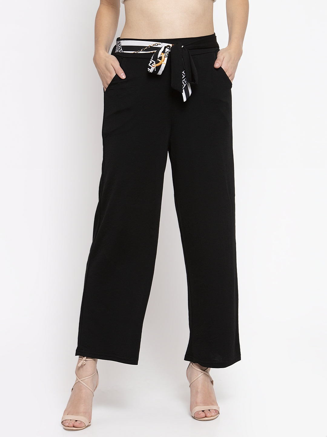 Women Solid Black Plazo With Scarf Belt