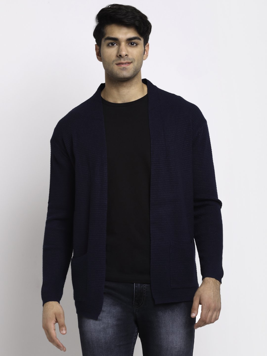Men Navy Blue Front Open Solid Shrug