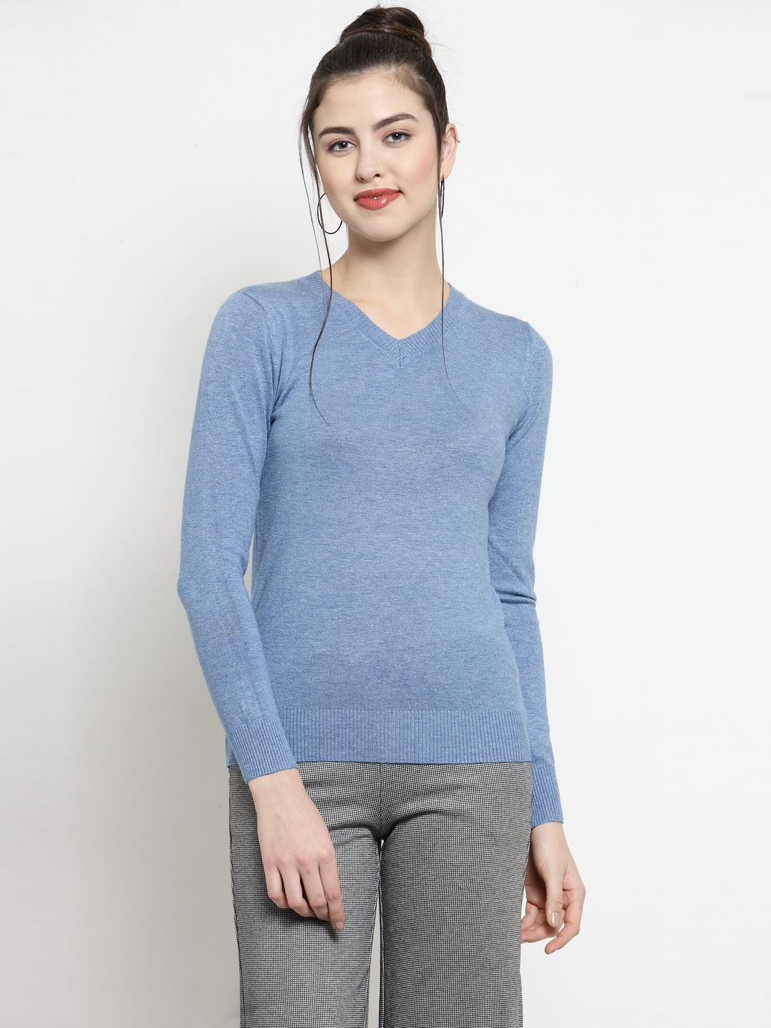 Women Blue V-Neck Full Sleeve Skeevi