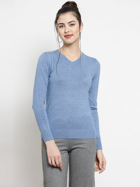 Women Blue V-Neck Full Sleeve Skeevi