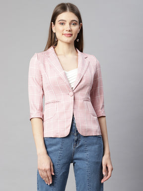 Women Dust Pink Check Printed Blazer