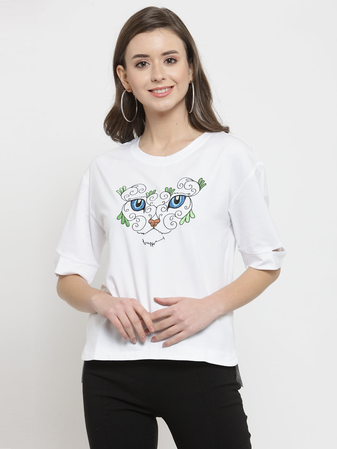 Women White Printed Round Neck Regular Fit T-Shirts