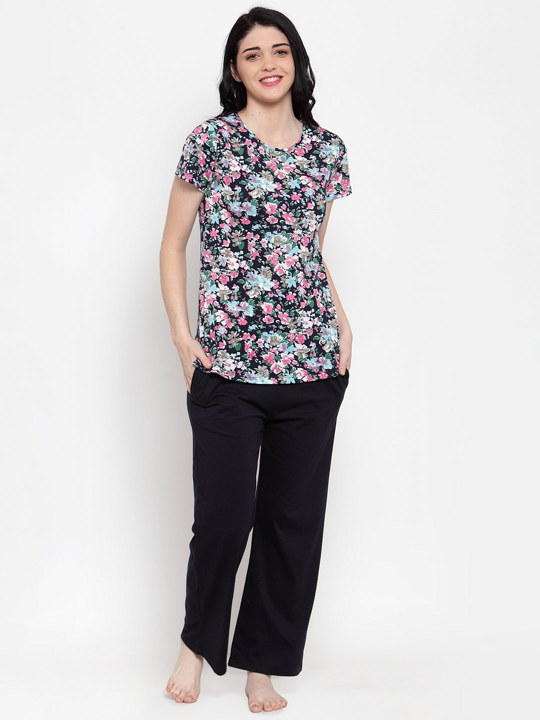 Women Navy Blue Hosiery Printed Night Suit Set