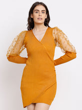 women v neck asymmetric hemline mustard dress