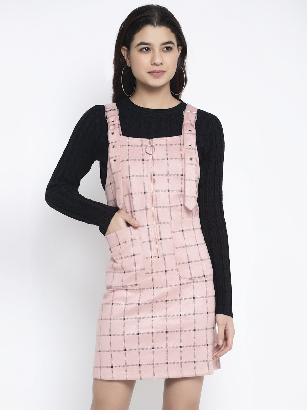 Women Pink Shoulder Strap Checked Dungaree