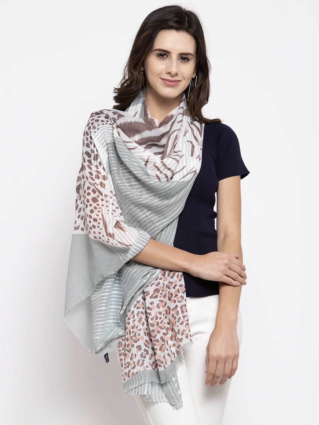 Women Mint Green Textured Striped Animal Printed Stole