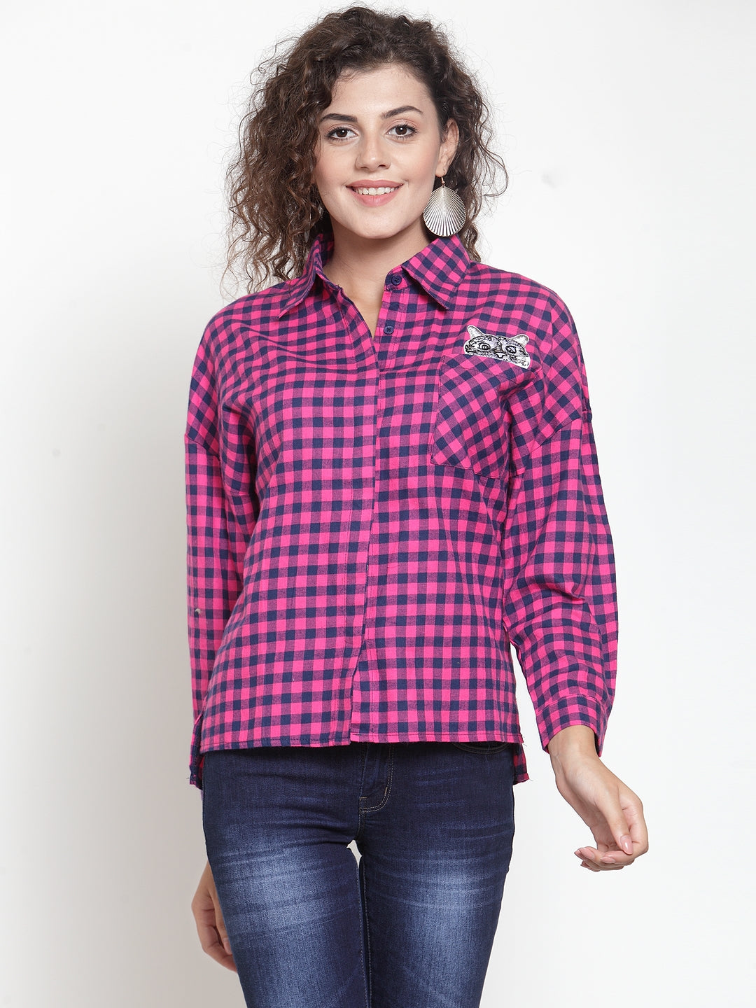 Women Pink Checked Shirt With Embroidered Cat