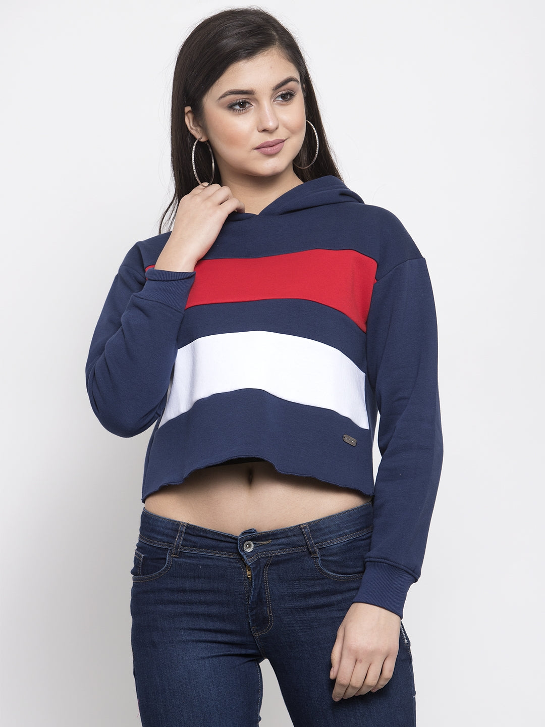 Women Navy Blue Hosiery Crop Length Sweatshirt