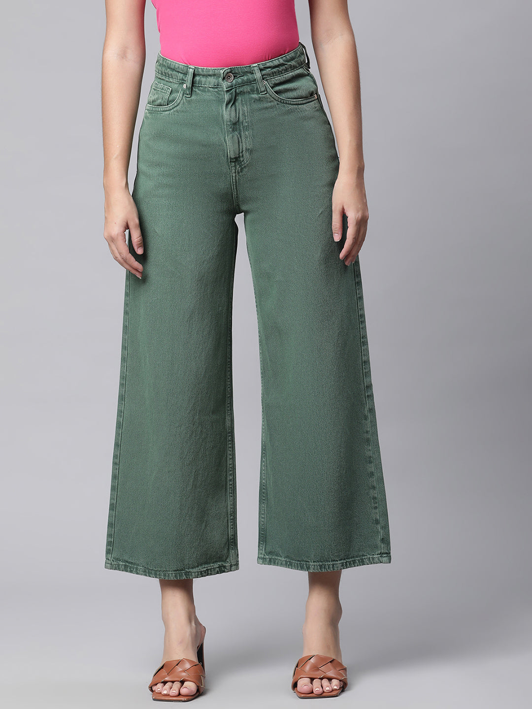 mid rise flared green jeans