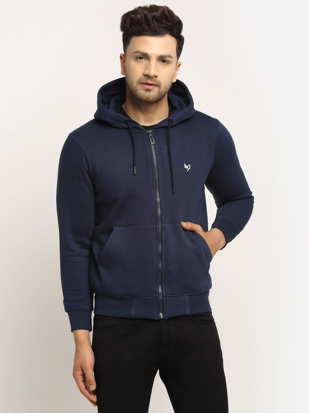 Men Navy Blue Hosiery Solid Hooded Sweatshirt - Global Republic