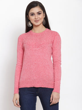 Women Solid Red Round Neck Pullover