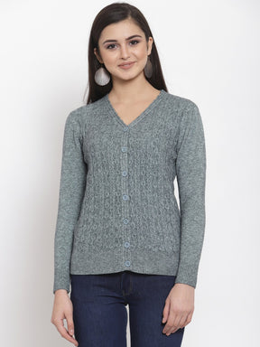 Women Solid Sage Green Woolen  V-Neck Cardigan