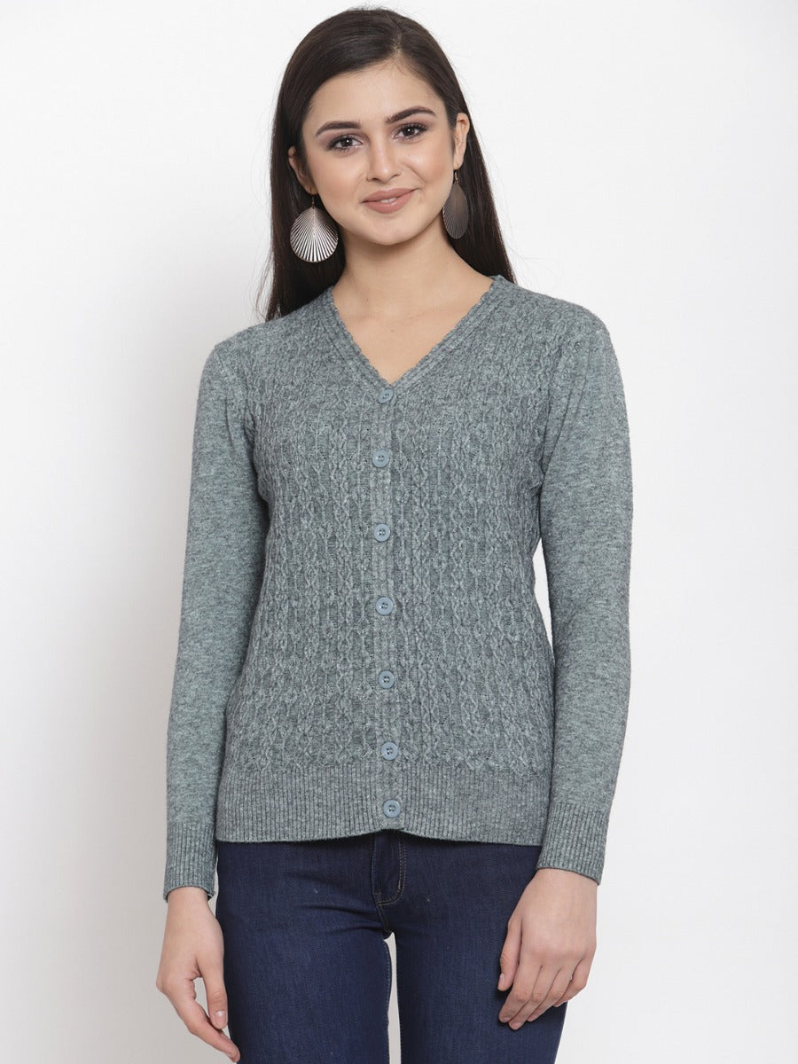 Women Solid Sage Green Woolen  V-Neck Cardigan