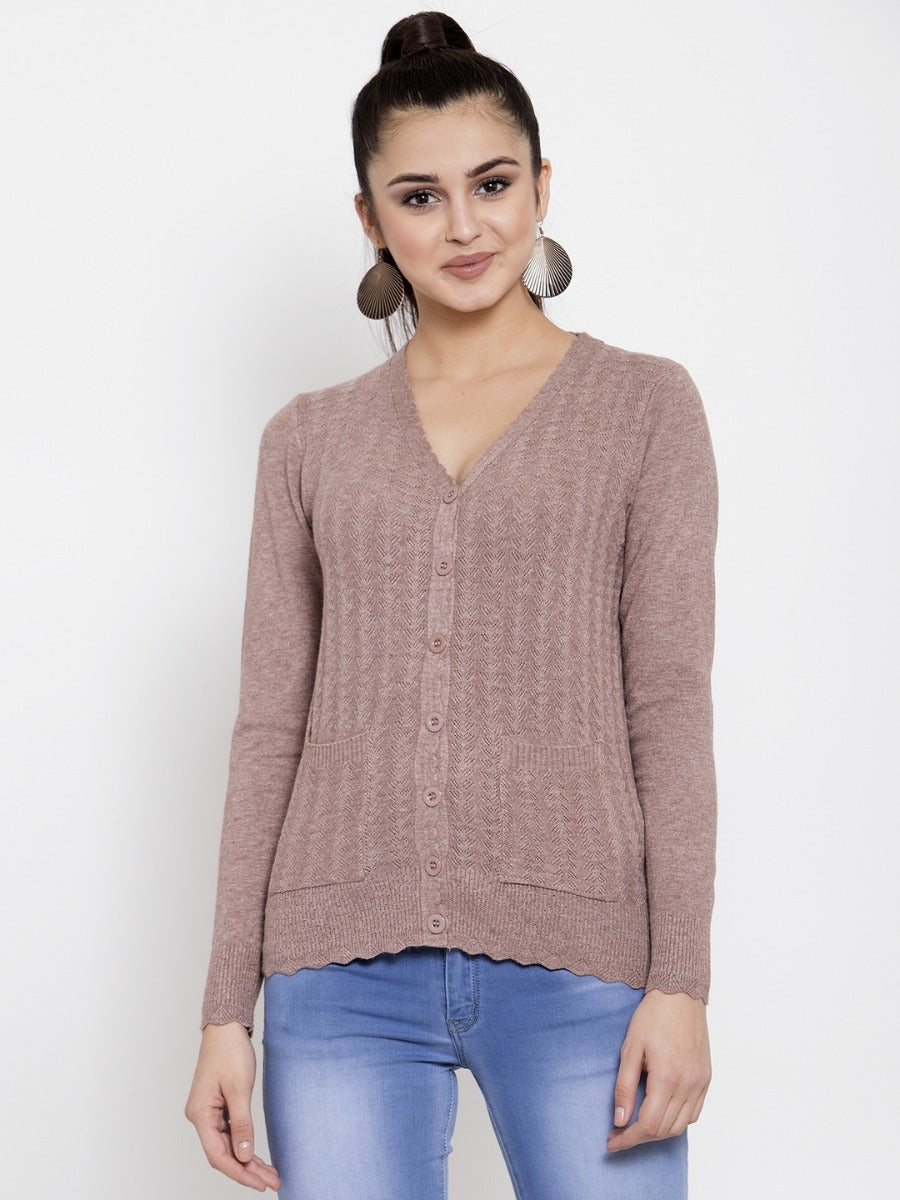 Women Solid Khaki V-Neck Cardigan