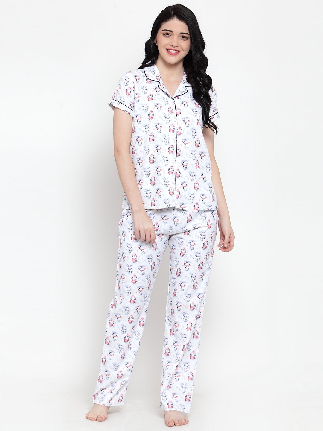 Women Cream Cotton Printed Night Suit Set