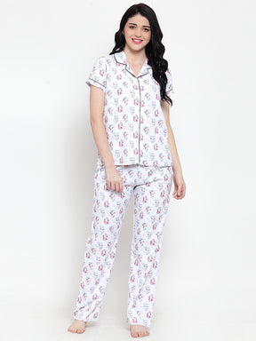 Women Cream Cotton Printed Night Suit Set