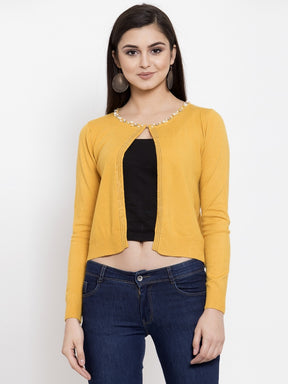WOMEN SOLID MUSTARD ROUND NECK SHRUG