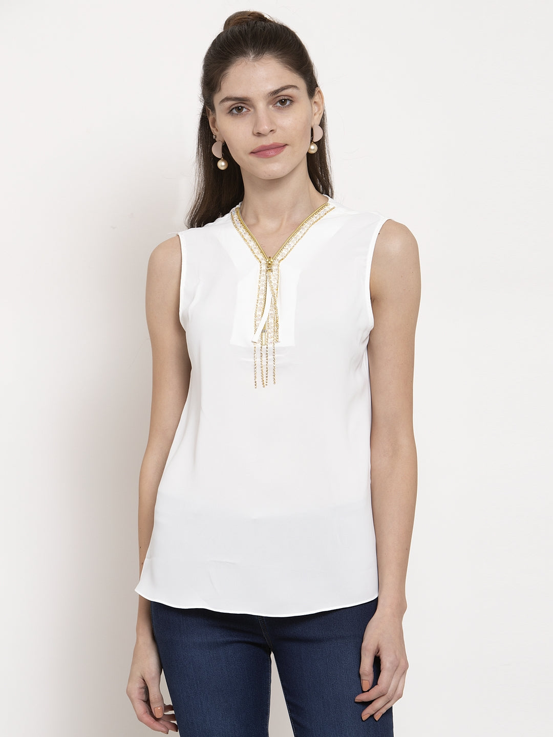 Women Straight Fit Sleeve-Less White Top