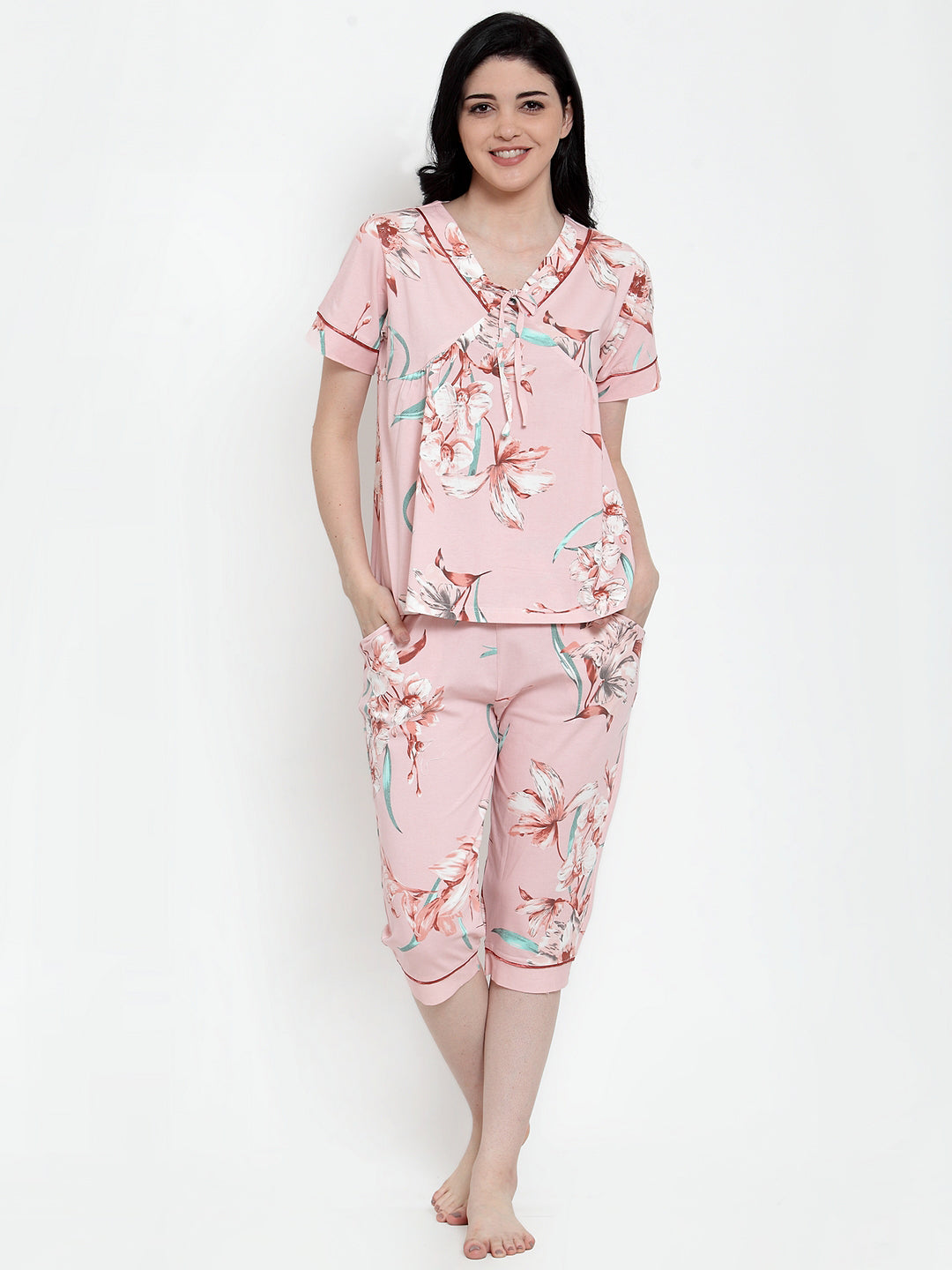 Women Pink Hosiery Printed Capri Night Suit