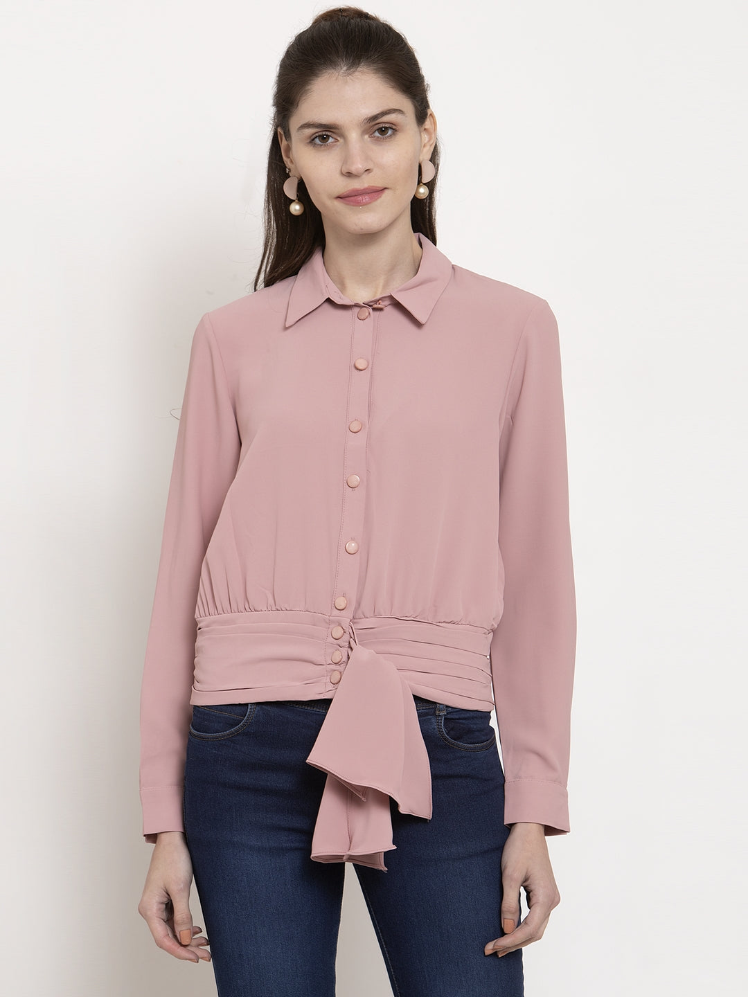 Ladies Pinkish waist tied Collared Top